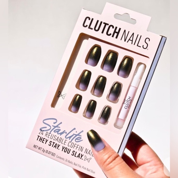 (2) Pack Clutch Nails Starlite 24 Coffin Purple Ombré Shimmer Press On Nail Set - Picture 1 of 8
